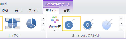 エクセル 2010 SmartArt ツールのデザインタブと書式タブ