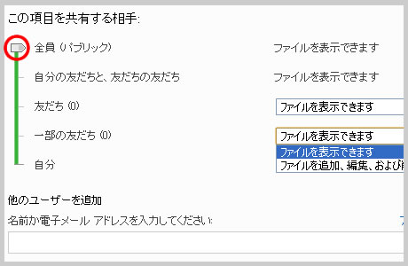 SkyDrive のアクセス許可の編集画面