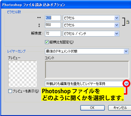 Photoshop ファイル読み込みオプションダイアログボックス