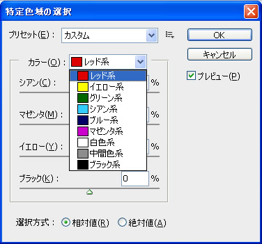 Photoshop CS5 の特定色域の選択ダイアログボックス